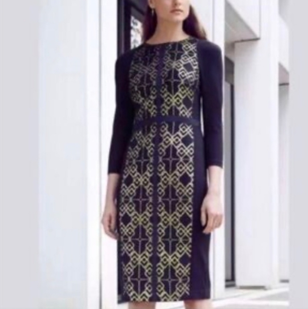 Ted Baker Knit Sheath Dress Black Gold Midi Long Sleeve Bodycon Women's 6